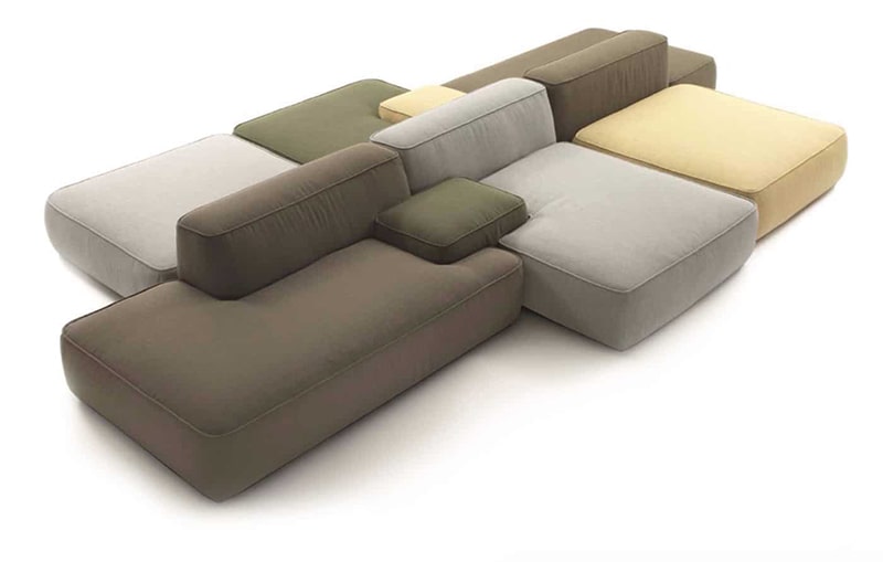 Brown, gray, and yellow sofa placed side by side