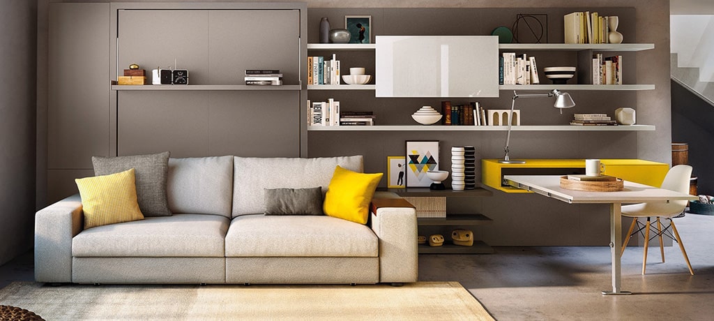 A room with gray and yellow decor