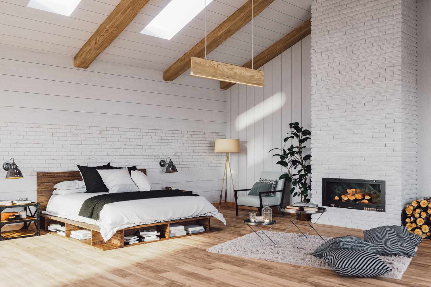 A furnished modern bedroom with a fireplace